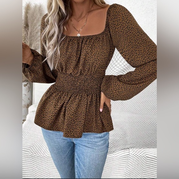 SHEIN Tops - Women's Leopard Print Round Ring Lantern Sleeve Waist-Tie Wrap Shirt